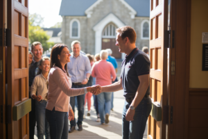 Entrance of a church with a door greeter shaking the hand of a woman, with many other people behind entering the church