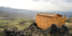 Noah's Ark docked on rocks overlooking the Mt. Ararat landscape